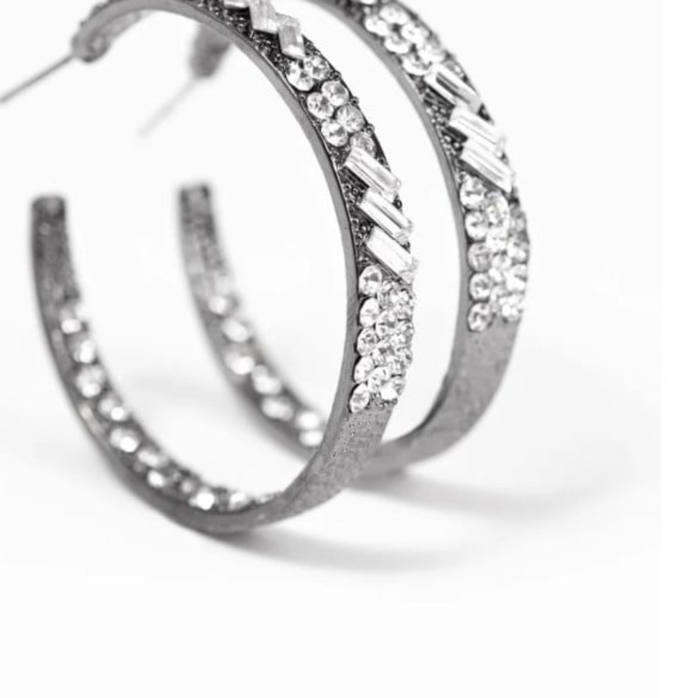 Glitzy by Association Black/White GunmetalPaparazzi Silver Crystal Hoop Earrings